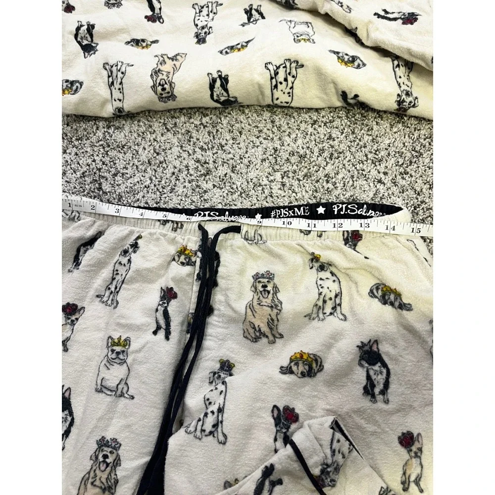 PJ Salvage Women Small Dog Print Flannel Pajama Set Cream Button Front‎ Long